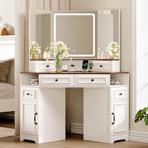 GRUTEUNIT Corner Vanity Desk with Mirror and Lights,Makeup Vanities with Power Outlet and 6 Drawers, 3 Light Settings, Dimmable for Women Girls, Bedroom, White