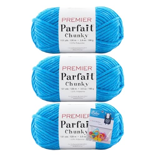 Image of Premier Yarns Parfait Chunky Chenille Yarn 3.5 Oz 6 Super Bulky Weight 3 Pack Bundle with Bella's Stitch Place Holders (Rock Candy)