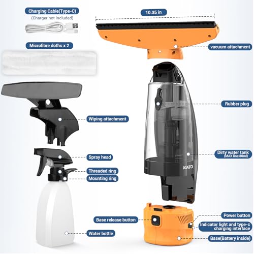 Image of KIATO Window Vacuum Squeegee Cordless, Electric Window Vac, Rechargeable Window Cleaner with Spray Bottle, for Cleaning Windows, Mirrors, Glass, 2200mA, WC10