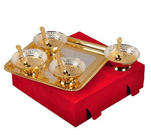 R Ayurveda Copper Gold Plated Bowl Made of Brass Set of 9 Pcs with Box