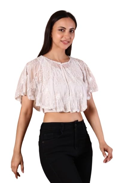 Women Hand Beaded White Net Poncho Cape Shrug Top for Women Evening Dress-image-10
