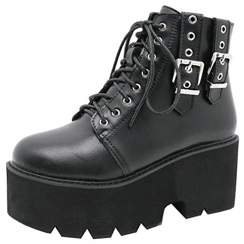 Image of Parisuit Womens Goth Patent Ankle Boots Platform Chunky Combat Boots | Lace Up, Gothic Boots, High Heel, Punk Short Booties, Buckle Boots, Chain Boots