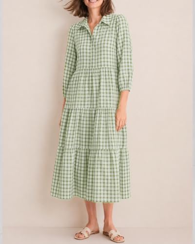 Image of Women Button Down Maxi Shirt Dress Long Sleeve Flowy Tiered Collared Dresses with Pockets