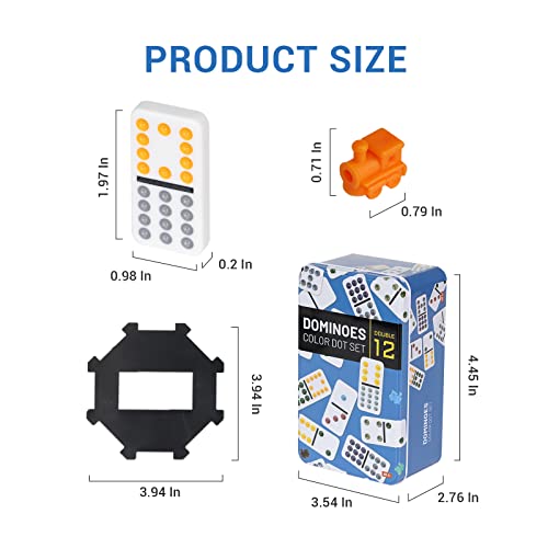 PLAYWUS Mexican Train Dominoes Set, 91 Tiles Double 12 Dominoes Game Set with Tin Box for Travel for Kids and Families (DOT-Simple)