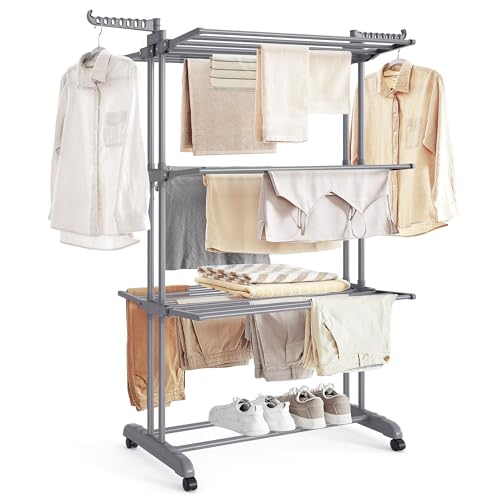 SONGMICS Étendoir à Linge, Séchoir Mobile à 4 Niveaux, avec roulettes, Pliable, 63,5 x 128 x 173 cm, Grande Capacité, Montage Facile, Utilisation Intérieure et Extérieure, Gris LLR701G01