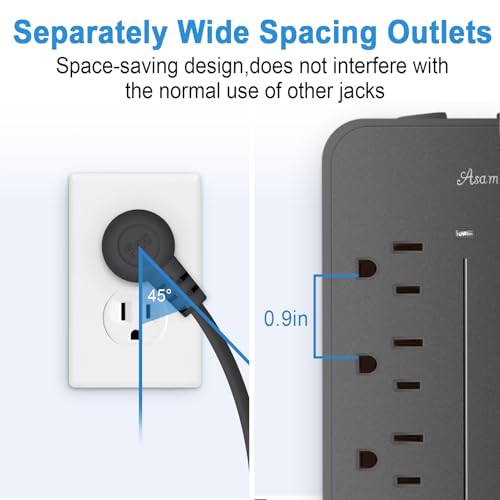 Regleta protectora contra sobretensiones con enchufe plano de 25 pies - 8 tomas y 3 puertos USB (A y C), regleta extensible montable en pared para oficina en casa - Negro - Certificación ETL miniatura 3