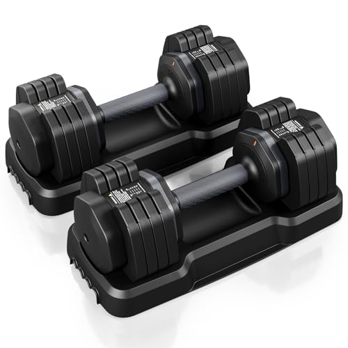 Moziel Mancuernas Ajustables 5 en 1 con Base, 11 kg/24,5 kg Pesas y Mancuernas Ajuste Rápido de 2 a 24,5 kg, Ahorran Espacio, Ideal para Entrenamiento en Casa o Gimnasio (2 x 24,5 Kg - Negro)