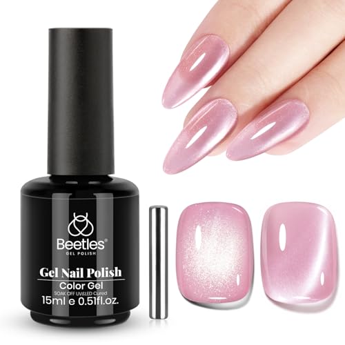 Image of Beetles Pink Cat Eye Gel Nail Polish - 15ML Pink Cat Eye Glitter Gel Polish with Magnet Jelly Translucent Glass Effect Soak Off UV Nail Art DIY Manicure Gifts for Women