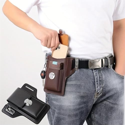 Bolsa de cinto para celular com estojo de cigarro e porta-chaves, bolsa universal para coldre para celular com alça de cinto e gancho, organizador de gadgets retrô (marrom/preto)