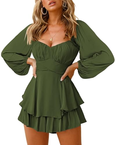 Fixmatti Romper Dresses For Women Summer Off The Shouler Wrap Ruffle One Piece Shorts Jumpsuit Army Green S