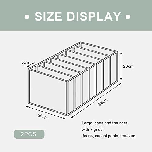 Drawer Organisers for Jeans-2 Pack Bedroom Wardrobe Organisers with Dividers-Large 7Grids Closet Cabinet Organizer Underwear Storage Boxes for Pants Trousers T-shirts Clothes Hats Leggings,Grey