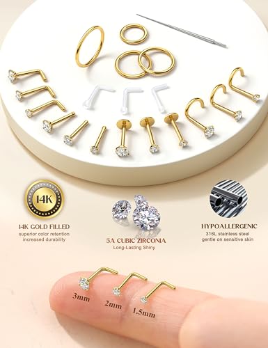 14K Gold Filled Nose Rings Studs Hoops for Women Men: 20G 18G 316L Surgical Stainless Steel Hypoallergenic Dainty Simulated Diamond L Shaped/Corkscrew/Straight/Push Back Nostril Piercing Jewelry2