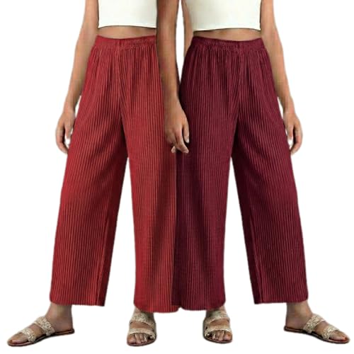 Image of Set of Combo Trouser and Pants for Girls and Women's Relaxed Fit Stretchable Regular Fit Palazzos Lightweight Elastic Waistband Bottoms for Daliy Office & Casual Wear