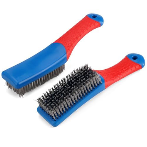 2 Pièces 16 cm Brosse Metallique a Main, Manche en Caoutchouc Brosse en Métal, Brosse Métallique Anti-Rayures pour Nettoyer Taches D'huile sur Grilles, Taches D'huile, Poussière de Peinture