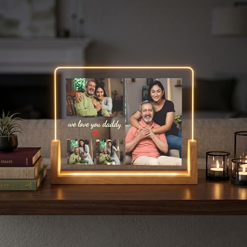 Image of Giftplease Personalized Photo Frame for Dad with Wooden LED Base | Customized Acrylic Photo Frame with Warm Light | Father's Day Gift for Daddy | Custom Photo Night Light for Bedroom & Home Decor
