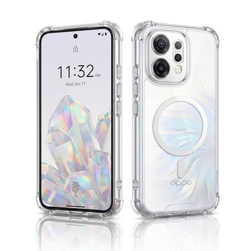 Image of amazon basics Crystal Clear Magnetic Case for Oppo Reno 14 5G | Compatible with MagSafe Accessories | Air-Guard Corners | Shockproof TPU + Hard PC Back | Slim Transparent Protective Cover (Clear)