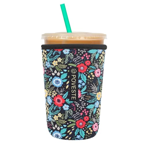 Image of Reusable Neoprene Insulator Sleeve for Iced Coffee & Cold Soda, Coffee Sleeves for Iced & Hot Drinks, Cold Beverage Cooler Compatible with Starbucks, Dunkin (Garden Alike, Medium: 22-24oz)