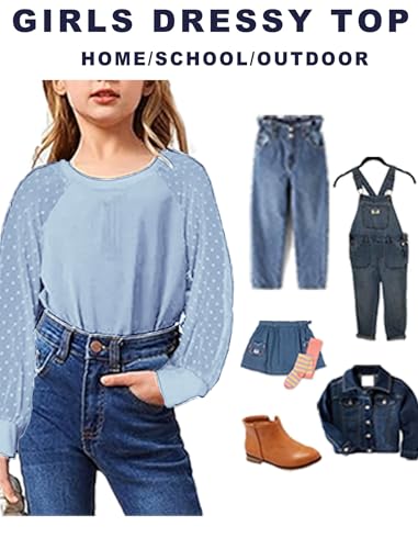 Image of Yekaty Girls Shirts Casual Solid Color Crewneck Blouses Soft Long Sleeve Swiss Dots Chiffon Tops