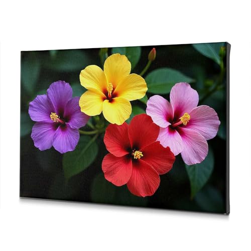 Toile 4 fleurs colorées pour illuminer une salle de bain sombre et blanche