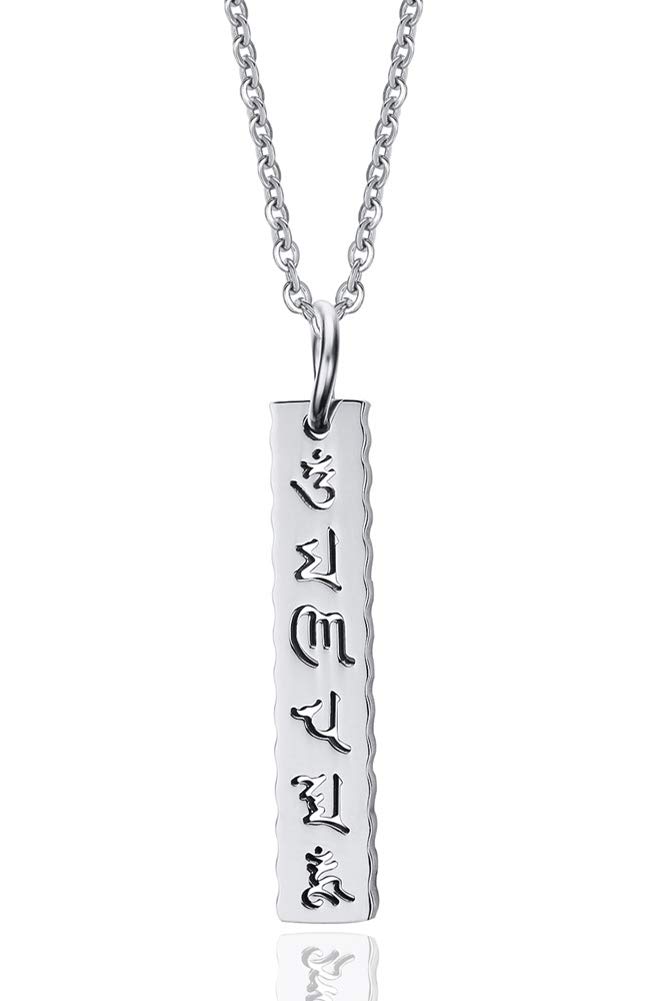 HUANIANStainless Steel Om Mani Padme Hum Buddhist six Words Proverbs Pendant Pendant Necklacewith Free Chain