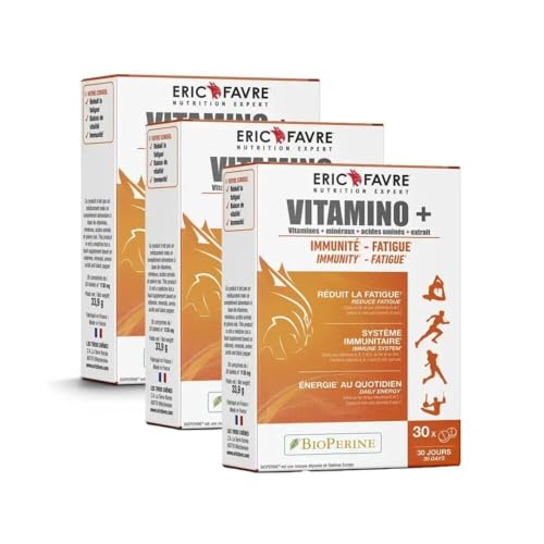 COMPLEXE MULTIVITAMINES ET MINERAUX Vitamino+ - Haute Absorption - Vitamines A, B, C, D3, E, Minéraux, Acides Aminés, Zinc - Immunité, Fatigue - Programme 90J - Lot de 3 x 30 Comprimés - Eric Favre