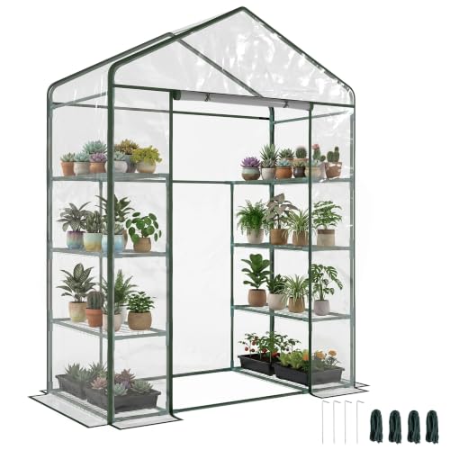 Outsunny Tuinkas met 4 planken, balkonbroeikas, frame van staal, deur met ritssluiting, oprolbaar, voor groenten, planten, bloemen, binnen en buiten, 143 x 73 x 195 cm, transparant
