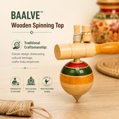 Image of Wooden Spinning Top - Spindle Top Toy with Handle & String - Traditional Design - Enhances Fine Motor Skills & Eco-Friendly, Ideal for 3+ Years Kids, Top Toy Spinning, Bongaram for Kids.