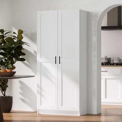 Image of White Tall Kitchen Pantry Cabinet Organizers and Storage with Doors and Adjustable Shelves,Wood Large Gabinetes Para Cocina Office Bookshelf for Laundry Room Cabinets (31.5 inchW*15.7 inchD*71 inchH)