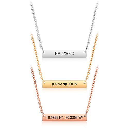 Personalized bar necklace for women, custom engraved stainless steel name plate necklace gift gold, silver and rose gold for mothers day, coordinates, dates, roman numeral, friendship, christmas