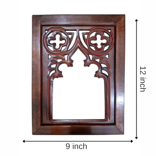 Image of Antique Black Hand Carved Wooden Jharokha Wall Mirror Frame for Home & Bedroom Decor - Traditional Arch Design (12x9 Inch) (Brown)