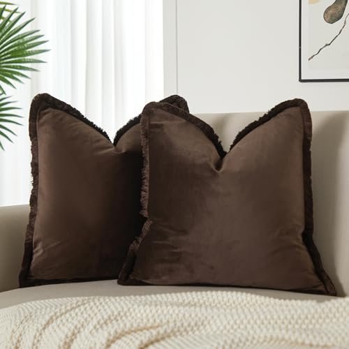 JUSPURBET Pack of 2 Coffee Decorative Fringe Velvet Throw Pillow
