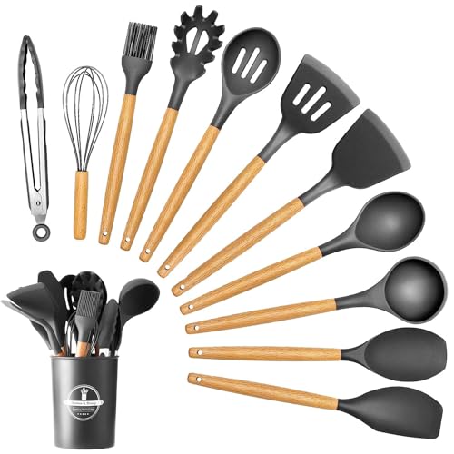 Recopilación de Cucharas de cocina Top 10. 48 NICLY Utensilios de Cocina de Silicona, Juego de Utensilios de Silicon con Mangas Antiadherentes, Resistentes al Calor, sin BPA, Herramientas y Paletas para Cocina (Gris, 12 Pcs)