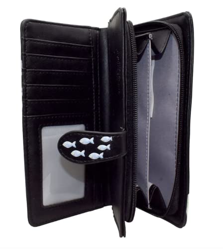 Shag Wear Under the Sea Life Octopus Narwhal Jellyfish Sea Horse Large Wallet for Women Vegan Faux Leather Black 7"2