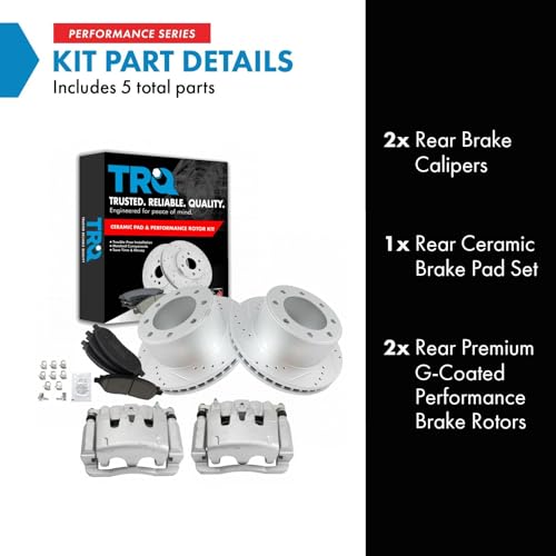 Image of TRQ Rear Performance Brake Pad, Caliper, & Rotor Kit Ceramic Vented Premium G-Coated Compatible with 2005-2007 Ford F-250 Super Duty F-350 Super Duty