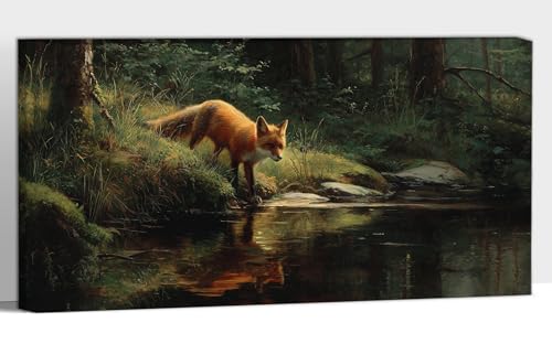 GUTTATY Autumn Fox Landscape Canvas Wall Art, Woodland Stream Canvas Painting, Rustic Country Autumn Nature Canvas Print Poster, Thanksgiving Wall Hanging for Living Room, Bedroom, 16x8 Inch