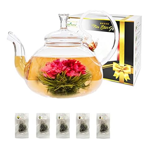 Five Star Gift Blooming Tea Set: 750ml Glass Teapot with Filter Infuser with 5 Flowering Tea Balls Cover