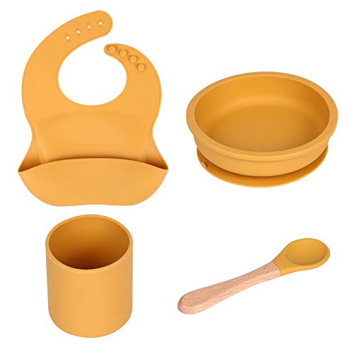 Uhiipo Silicone Dinner Plate Set Silicone Tableware Set containing Baby Suction Cup Bowl Baby Spoon Silicone bib and Silicone Cup Mango