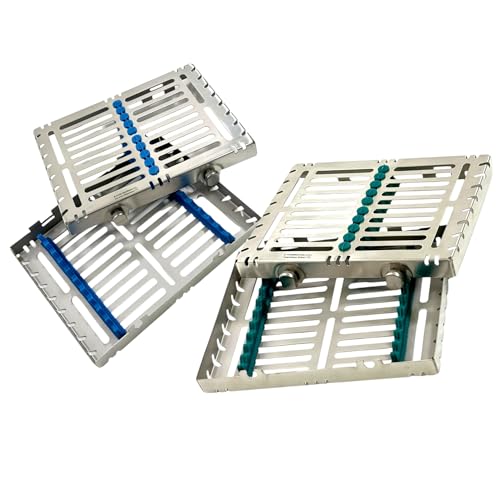 Set of 2 | Autoclave Sterilization Box with Detachable Lid & Button Locks, 10-Slot Spaces | Blue & Green Silicone Inserts| German Stainless Steel Dental Tools