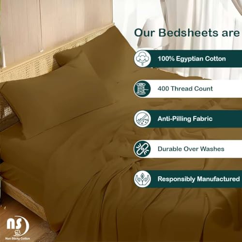 Image of NON Sticky cotton Premium 4 Piece Egyptian Cotton Fitted Queen Sheet Set, Hotel Quality Soft Breathable Bedding Sheets, 12 inch Deep Pocket, 60 inch X 80 inch, Taupe Solid