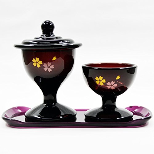 ガラス仏茶器セット【選べるカラー展開】/専用台付き/創価学会用仏具/ご飯入れ・お水入れ(茶碗)/SGI・SOKA (ワインレッド(桜模様入り))