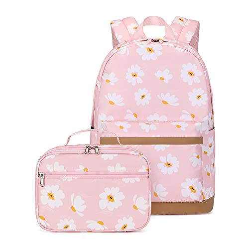 Sac à dos d'école pour filles avec motif marguerites et lunch bag rose