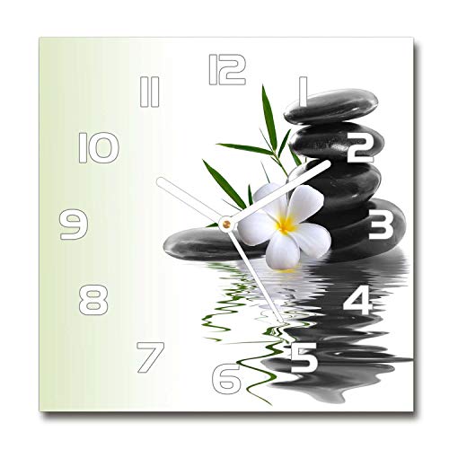 Tulup Horloge en Verre 30x30cm Silencieuse sur Pied Salon Design La Mur Impression Verre Sécurité - Aiguilles d'horloge Blanches - Orchidée et Pierres
