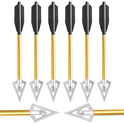 HNZMDY 12pcs Archery Crossbow Bolts 6.8inch 6.2inch Aluminium Crossbow Arrows with Steel Tips Hunting Arrows for Crossbow Hunting Target Practice (Gold-Broadheads) Cover
