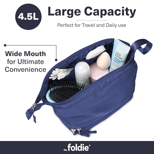 The Foldie Travel Toiletry Bag for Women & Men - Waterproof Travel Makeup Bag with Compartments - Wide-Open Cosmetics Pouch Bag - Easy to Clean Travel Bag for Toiletries & Makeup Brushes - Blue