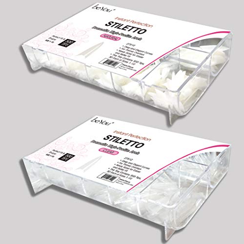 beYou 2PACK Natural/Clear Stiletto 500 Artificial Fake Nails (Total 1000Tips) 10Sizes For Nail Salon Nail Shop 27510/27512 (Stiletto)