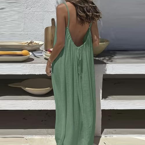 Image of HTHLVMD Backless Cami Dress Summer Dresses for Women 2026 Spaghetti Strap Dresses Womens Solid Color Backless Cami Dress