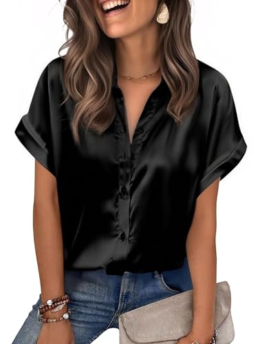 Zeagoo Black Satin Button-Up Shirt