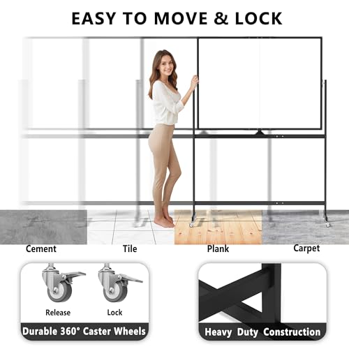 Image of Large Rolling Whiteboard on Wheels, 48 inch x 36 inch Double-Sided Mobile White Board with Stand, 4' x 3' Portable Standing Magnetic Dry Erase Board Easel for Home Office Classroom School, Black
