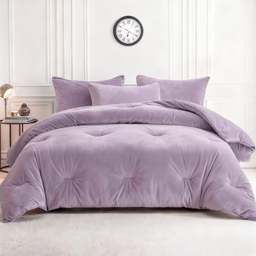 Hailyuwl Velvet Comforter Set Twin Size, Light Purple Fluffy Velvet 3 Piece, Soft Breathable Luxury Winter Warm Bedding Sets, with 1 Cozy Comforter, 2 Pillow Shams (Lavendar)