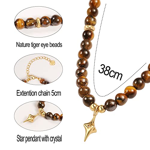 Sofybja Natural Tiger Eye Beaded Choker Necklace Star Zircon Pendant Necklace Chakra Healing Gemstone Amulet Jewelry For Women #TOP2